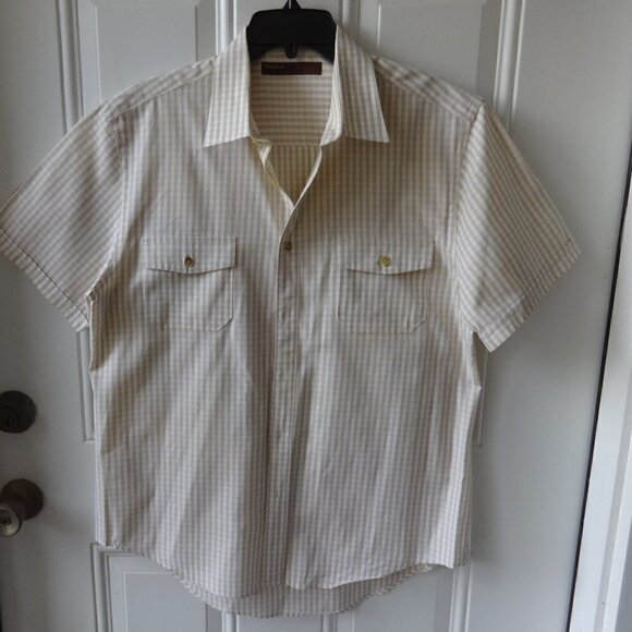 Perry Ellis button up men's short sleeve shirt, cream and tan, L, 100% cotton - Picture 1 of 9